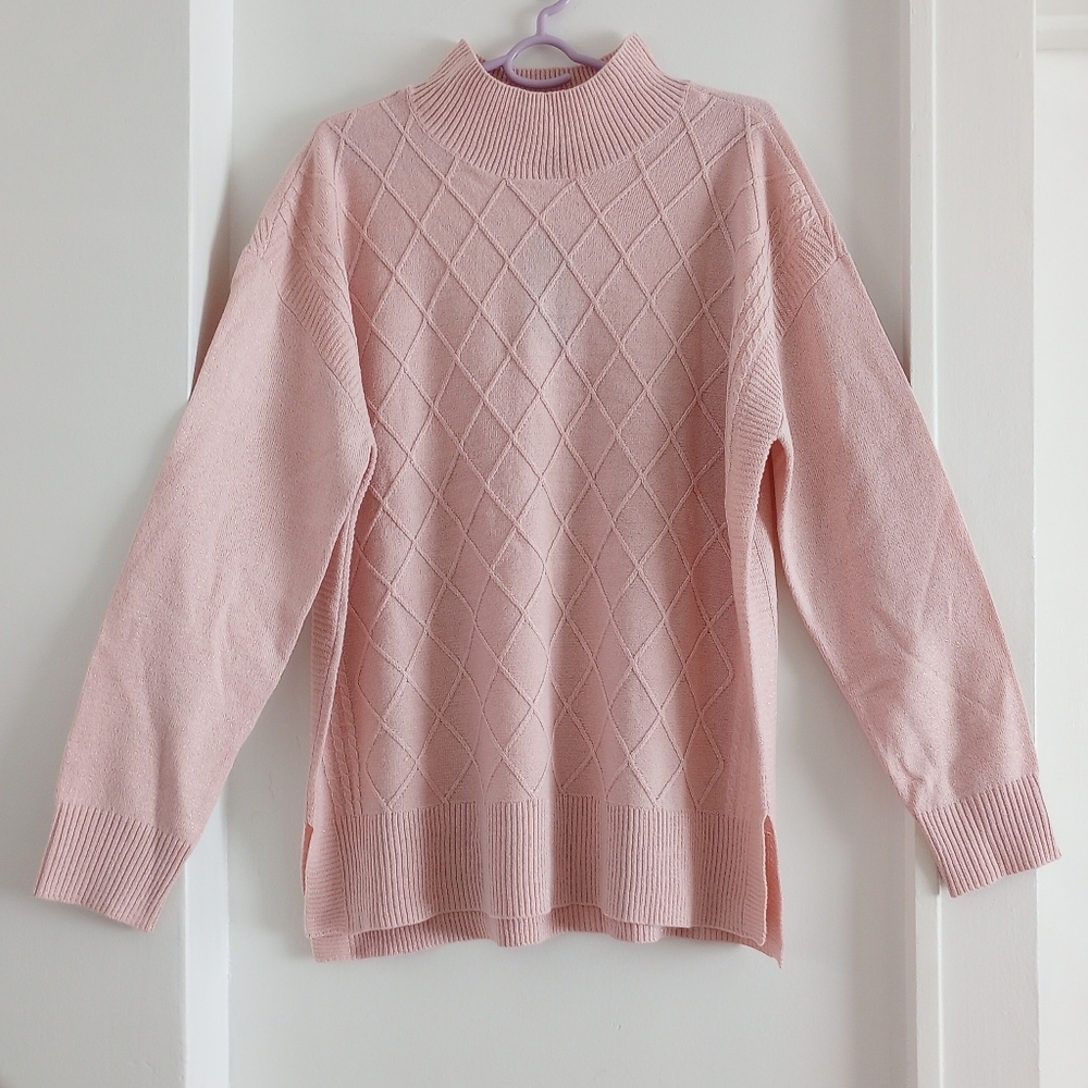 Briggs Blush Soft Pink Glittery Cable Knit Diamond Pattern Sweater Preppy Size L